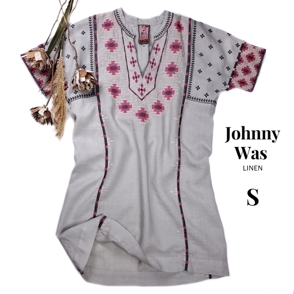 Johnny Was Dresses & Skirts - Johnny Was Gray Linen Pink Embroidered Tunic Dress Sz S